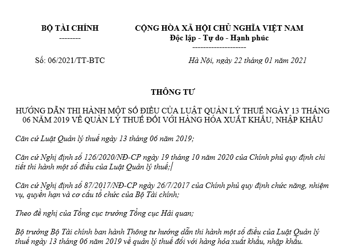 Thông tư 06/2021/TT-BTC hướng dẫn Luật Quản lý thuế về quản lý thuế đối với hàng hóa xuất khẩu, nhập khẩu do Bộ Tài chính ban hành