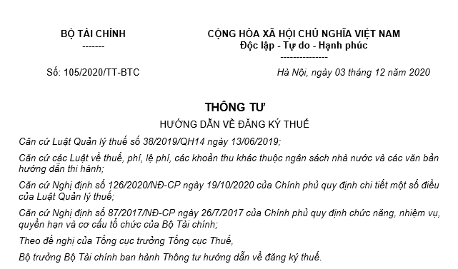 Thông tư 105/2020/TT-BTC hướng dẫn về đăng ký thuế do Bộ trưởng Bộ Tài chính ban hành