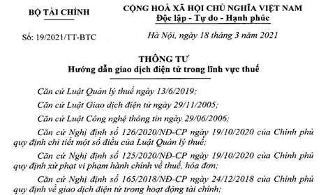 Thông tư 19/2021/TT-BTC hướng dẫn giao dịch điện tử trong lĩnh vực thuế do Bộ Tài chính ban hành