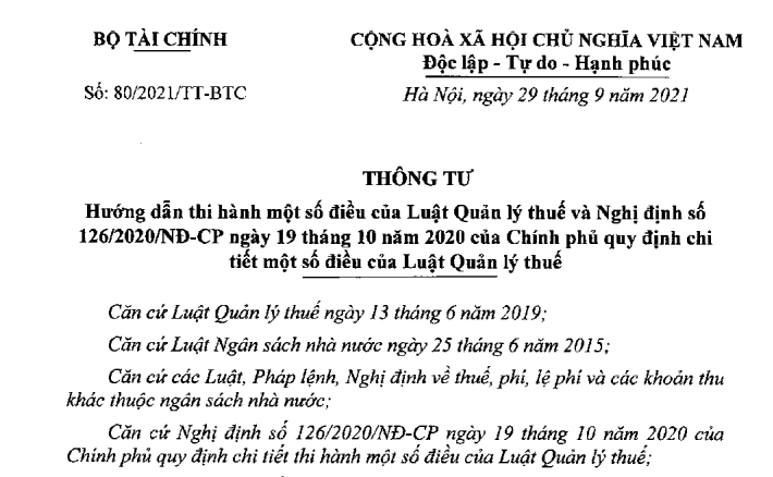 Thông tư 80/2021/TT-BTC hướng dẫn Luật Quản lý thuế và Nghị định 126/2020/NĐ-CP hướng dẫn Luật Quản lý thuế do Bộ trưởng Bộ Tài chính ban hành